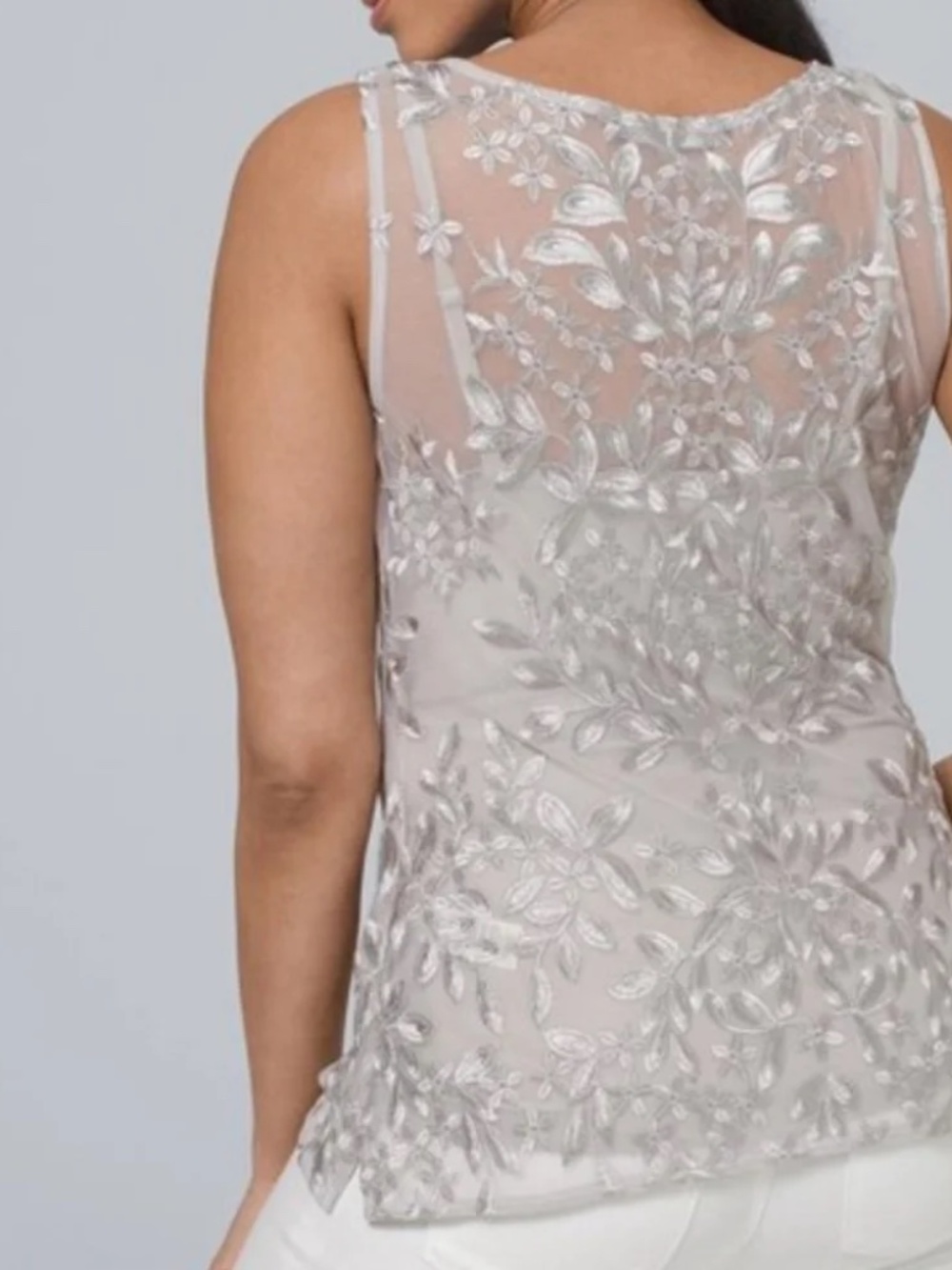 WHBM Silver Floral Embellished Lace Sleeveless Overlay Top & Gray Camisole Sz M - Picture 5 of 11